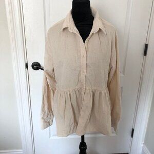 American Eagle Womens Beige Corduroy Button-Up Peplum Shirt Size‎ Small NWT